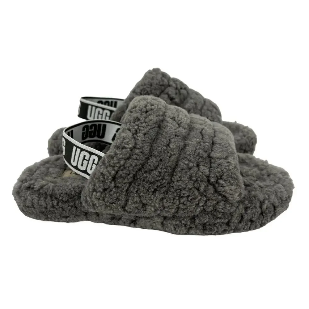 UGG Fluff‎ Yeah Slide Slippers Kids Size 3 Charcoal Gray Sheepskin Rubber Sole